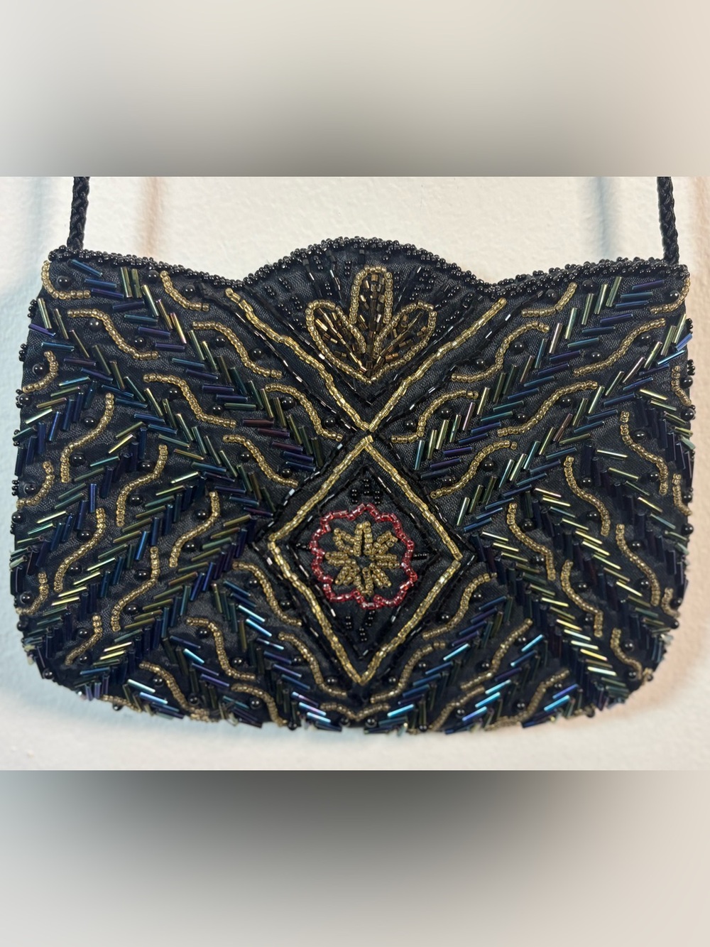Vintage Bechamel Beaded Evening Bag Art Deco Black Gold Shoulder Purse